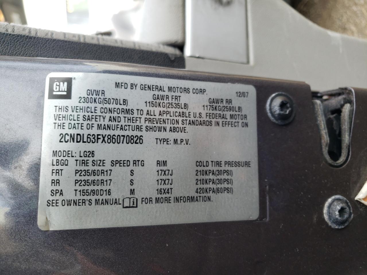 Photo 10 from auction – 2008 CHEVROLET EQUINOX LT with VIN 2CNDL63FX86070826