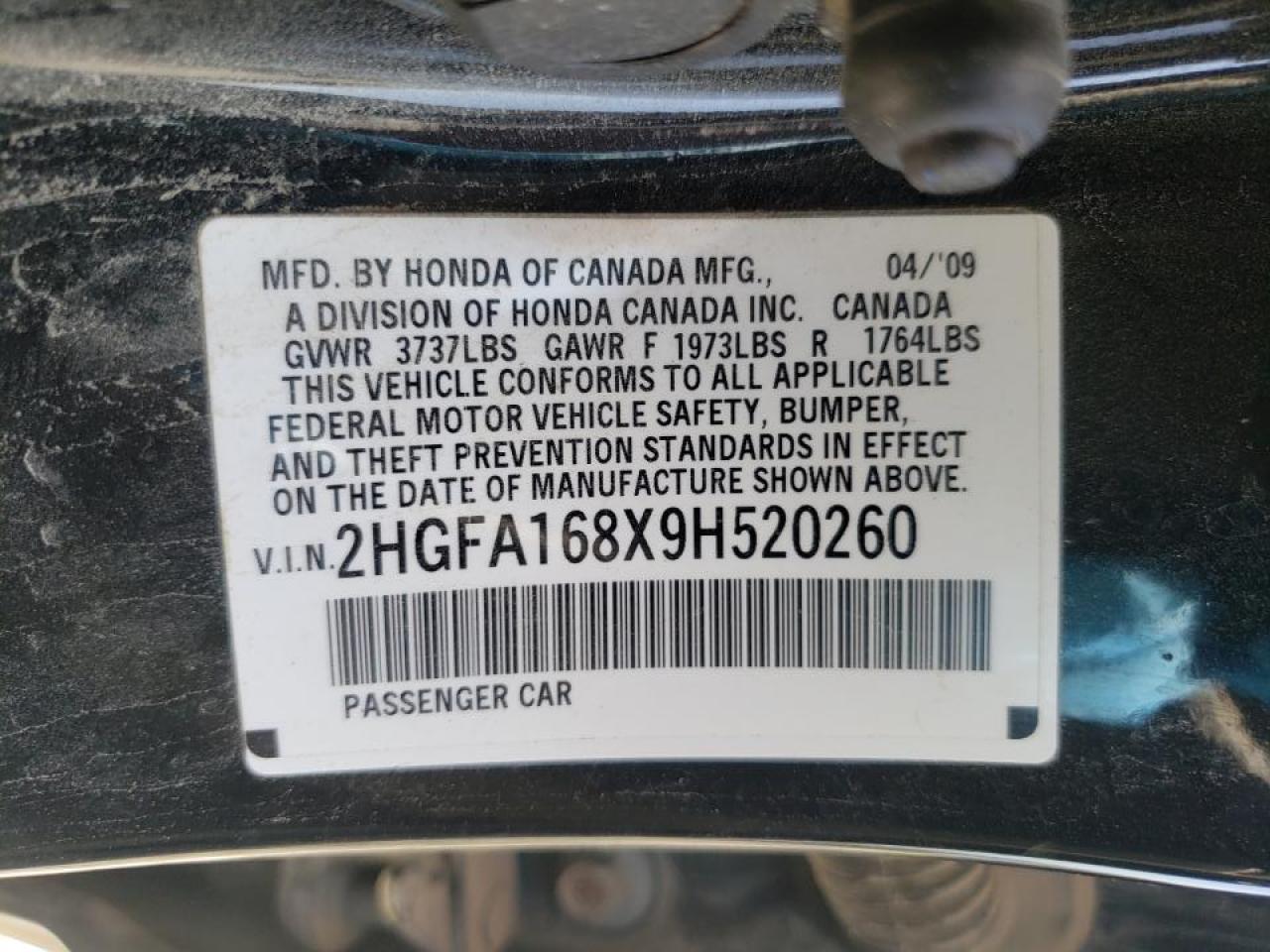 Photo 10 from auction – 2009 HONDA CIVIC EX with VIN 2HGFA168X9H520260