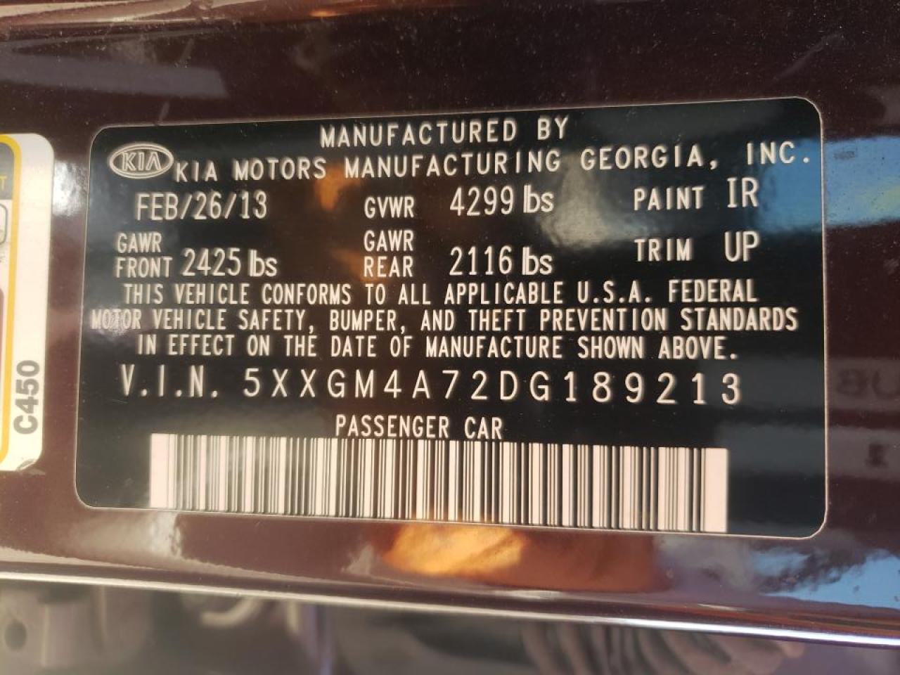 Photo 10 from auction – 2013 KIA OPTIMA LX with VIN 5XXGM4A72DG189213