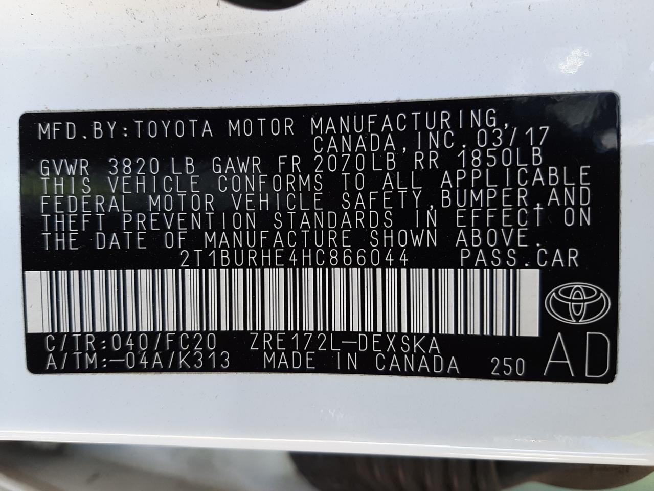 Photo 10 from auction – 2017 TOYOTA COROLLA L with VIN 2T1BURHE4HC866044