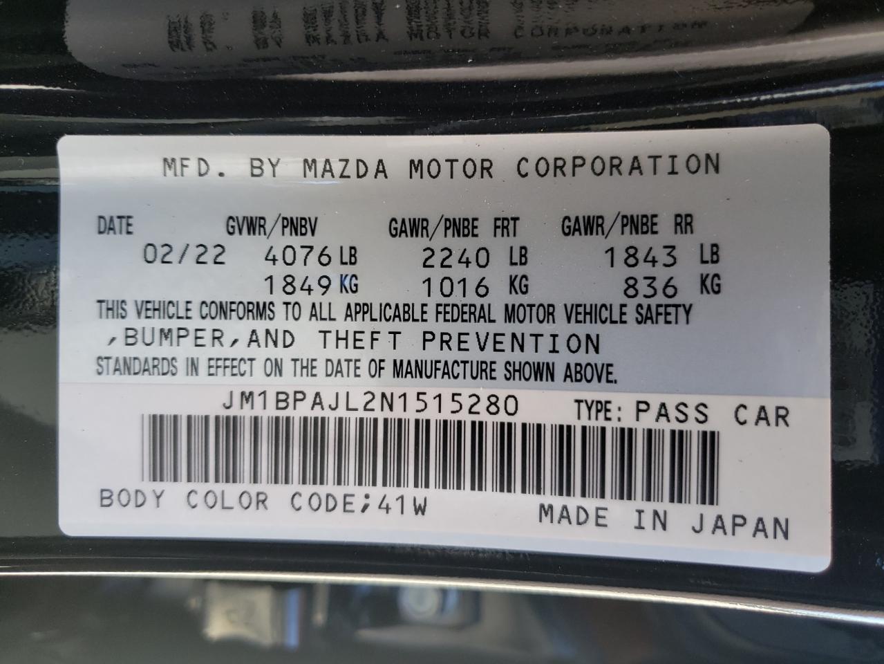 Photo 10 from auction – 2022 MAZDA 3 with VIN JM1BPAJL2N1515280