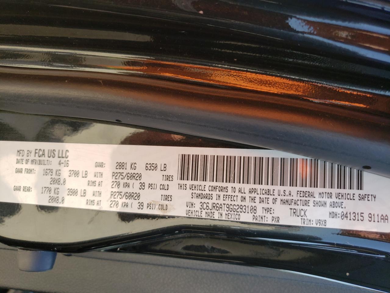Photo 10 from auction – 2016 RAM 1500 ST with VIN 3C6JR6AT9GG293108