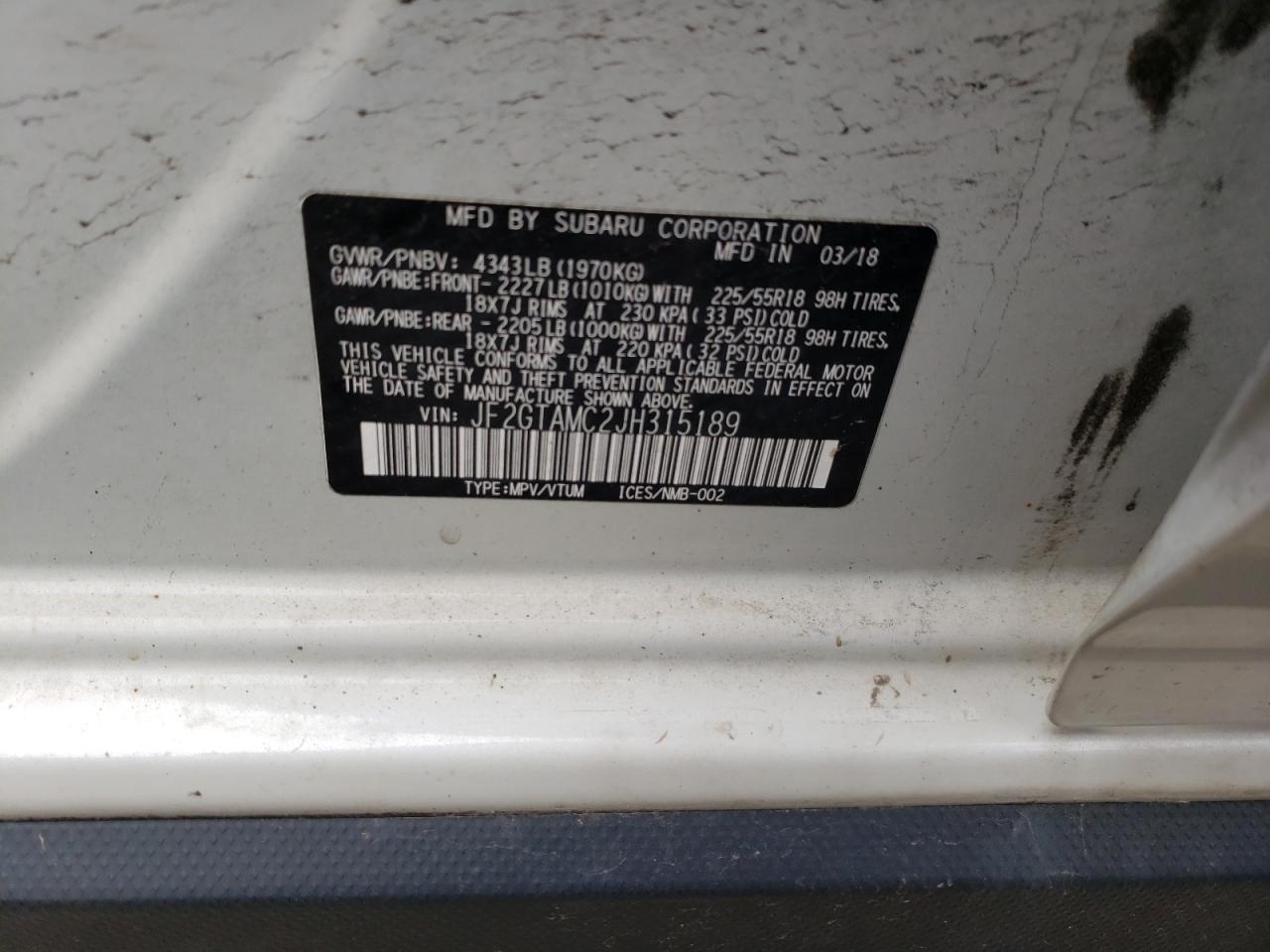 Photo 10 from auction – 2018 SUBARU CROSSTREK with VIN JF2GTAMC2JH315189