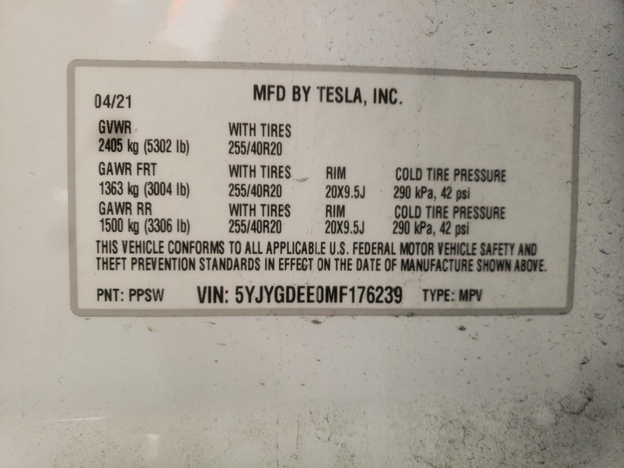 Photo 10 from auction – 2021 TESLA MODEL Y with VIN 5YJYGDEE0MF176239