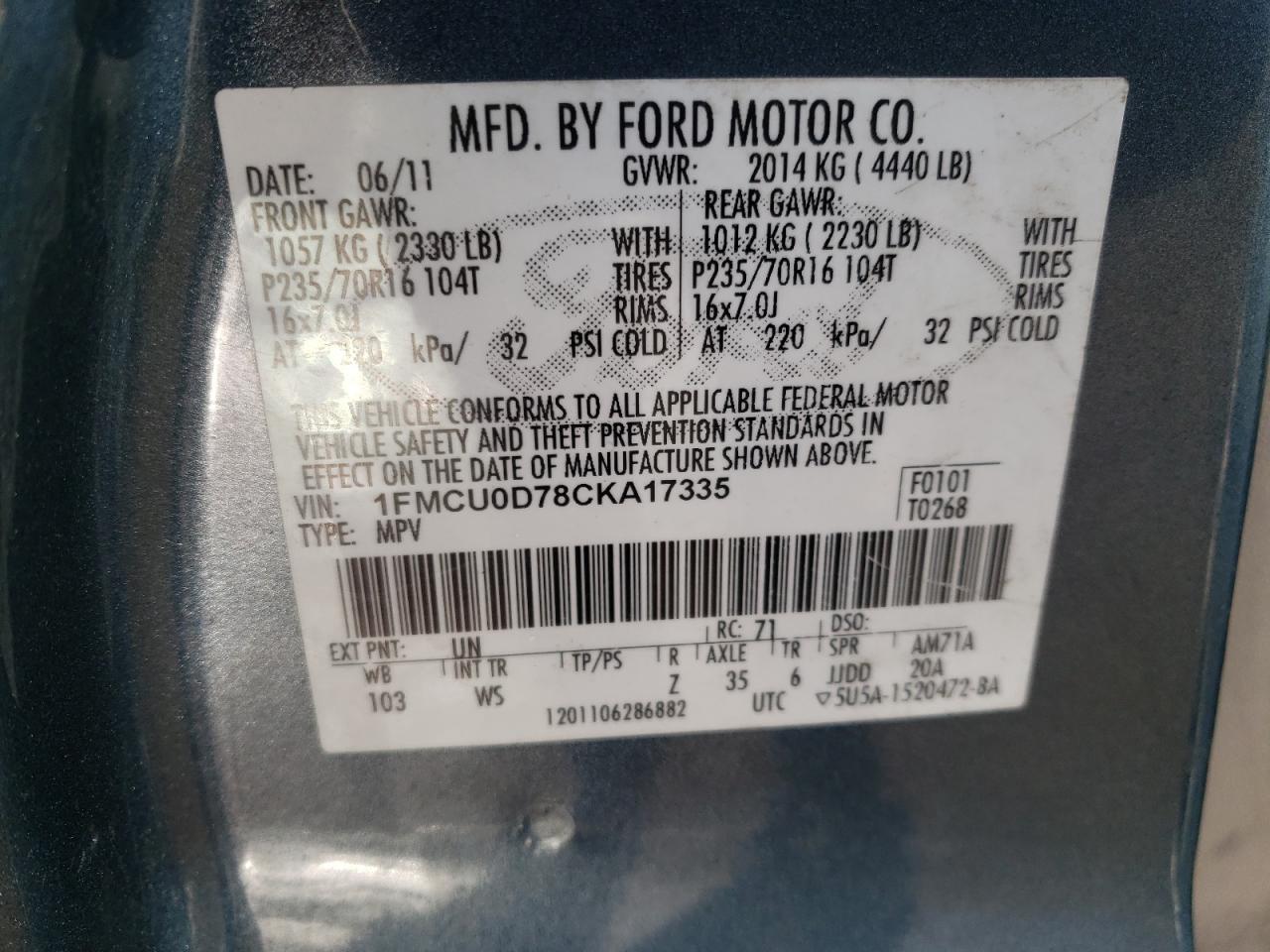 Photo 10 from auction – 2012 FORD ESCAPE XLT with VIN 1FMCU0D78CKA17335