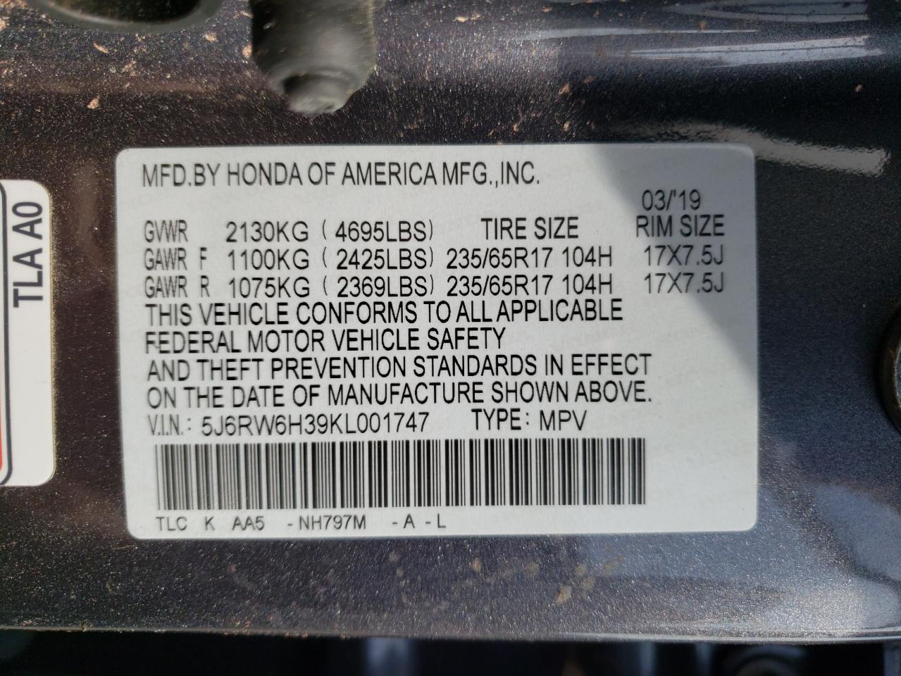 Photo 10 from auction – 2019 HONDA CRV with VIN 5J6RW6H39KL001747