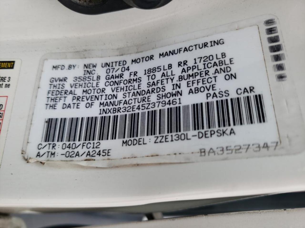 Photo 10 from auction – 2005 TOYOTA COROLLA CE with VIN 1NXBR32E45Z379461