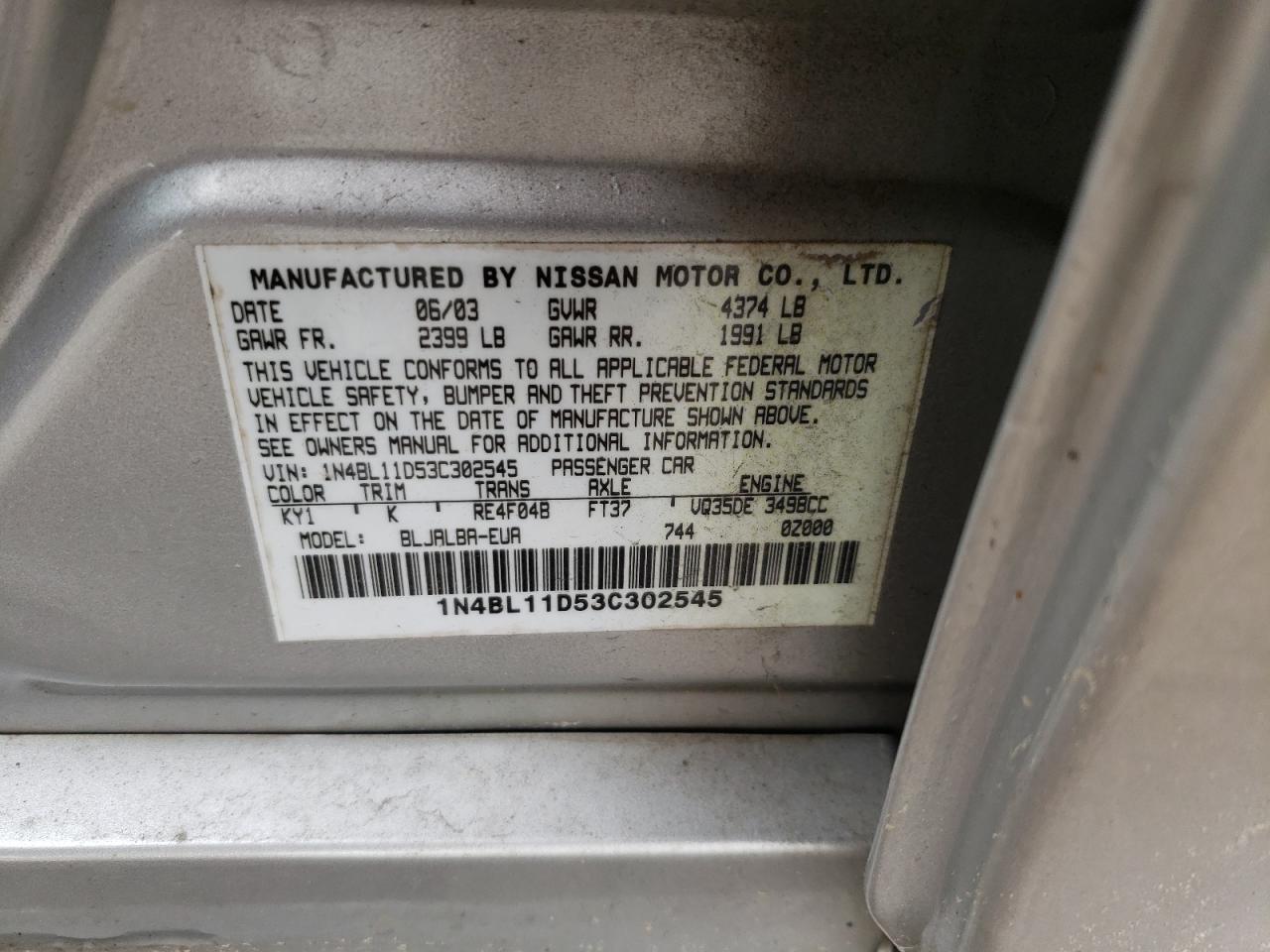 Photo 10 from auction – 2003 NISSAN ALTIMA SE with VIN 1N4BL11D53C302545