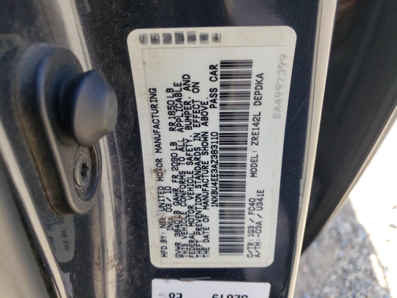 Photo 10 from auction – 2010 TOYOTA COROLLA BA with VIN 1NXBU4EE3AZ383110