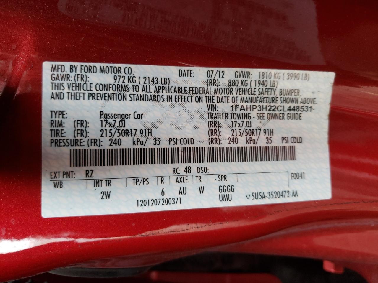 Photo 10 from auction – 2012 FORD FOCUS SEL with VIN 1FAHP3H22CL448531
