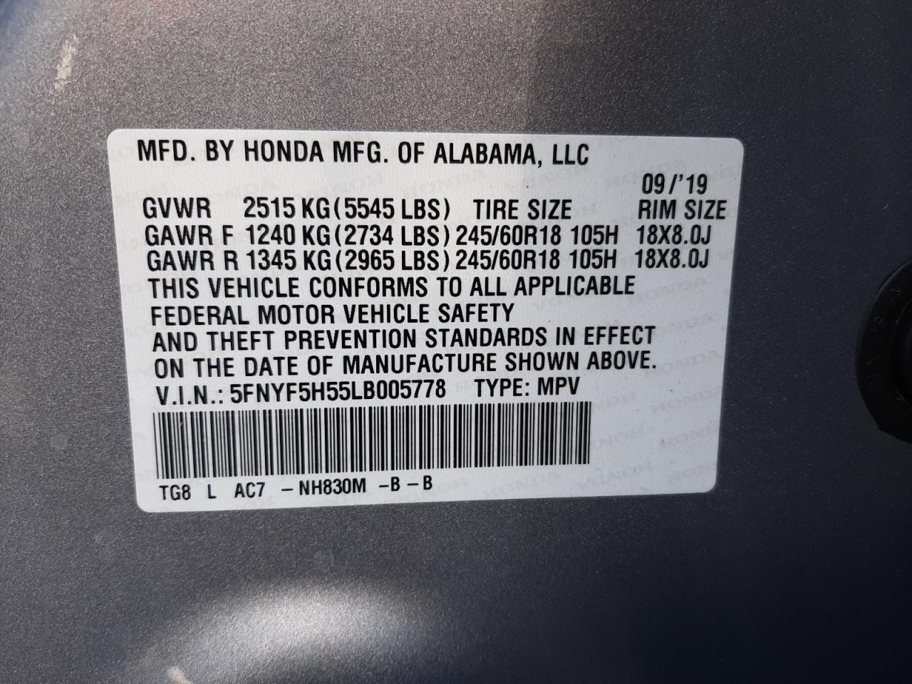 Photo 10 from auction – 2020 HONDA PILOT EXL with VIN 5FNYF5H55LB005778