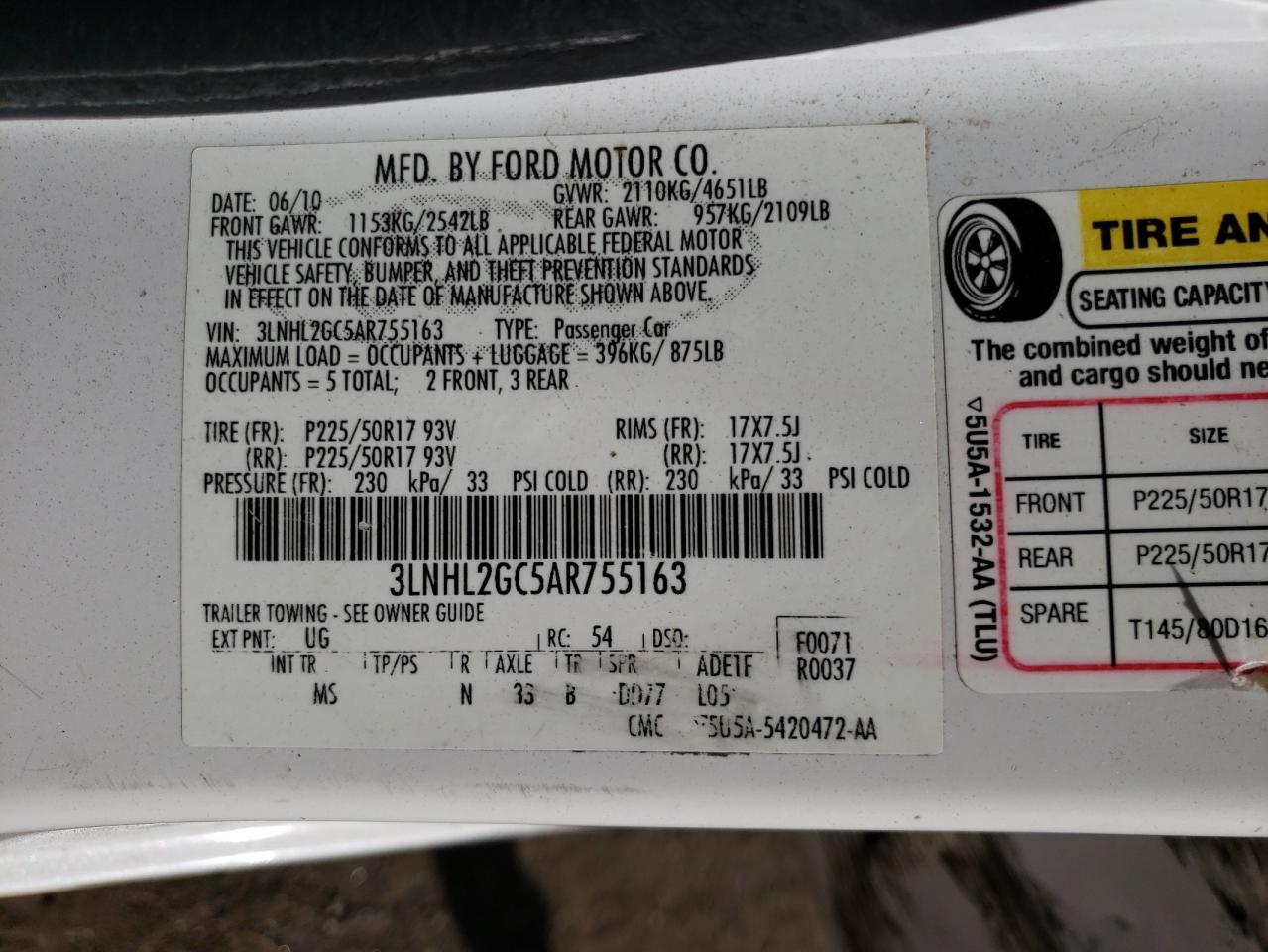 Photo 10 from auction – 2010 LINCOLN MKZ with VIN 3LNHL2GC5AR755163