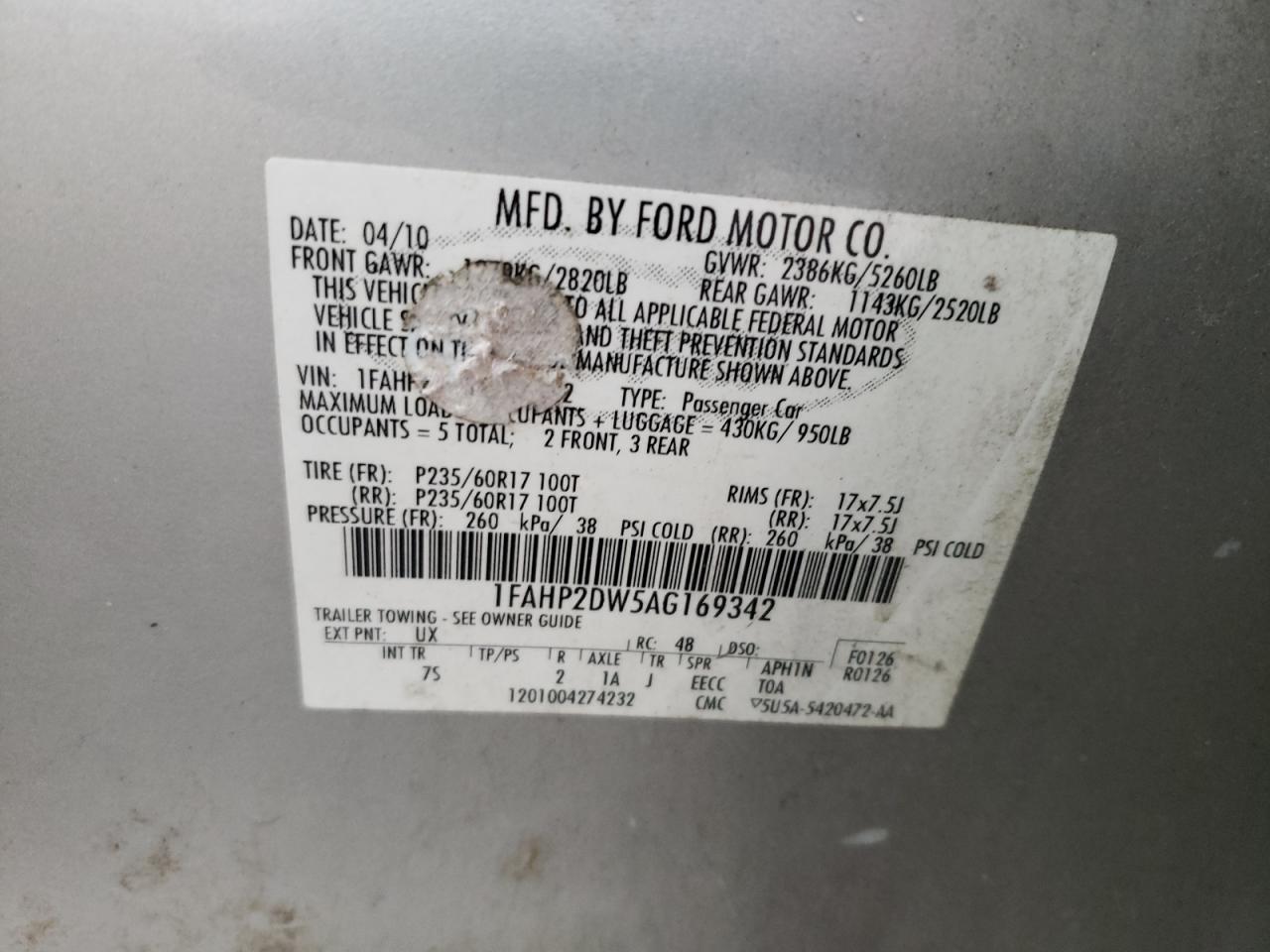 Фото 10 с аукциона – 2010 FORD TAURUS SE с VIN 1FAHP2DW5AG169342