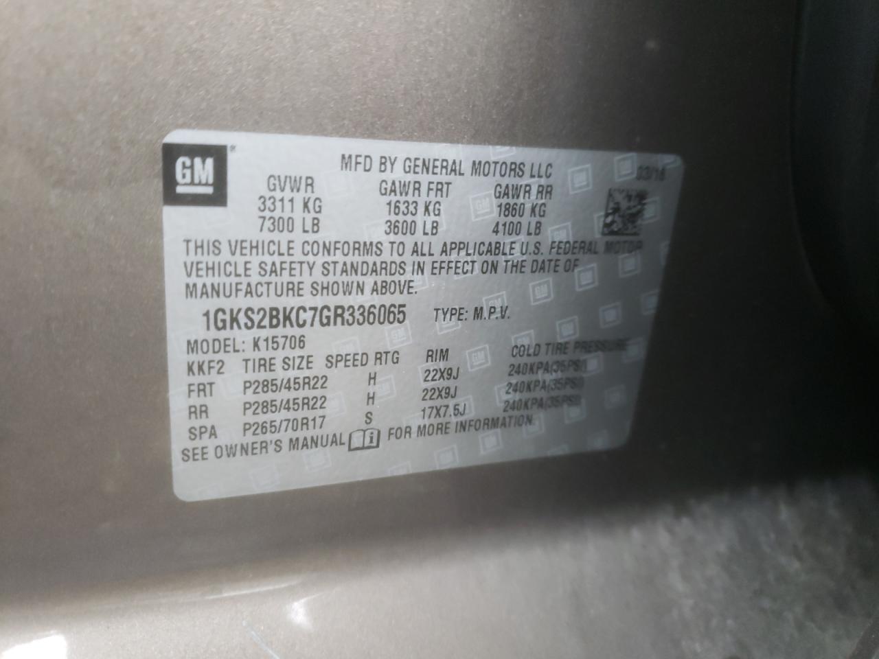 Photo 10 from auction – 2016 GMC YUKON SLT with VIN 1GKS2BKC7GR336065