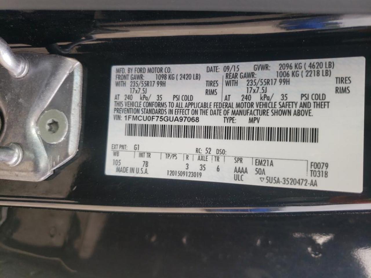 Photo 10 from auction – 2016 FORD ESCAPE S with VIN 1FMCU0F75GUA97068