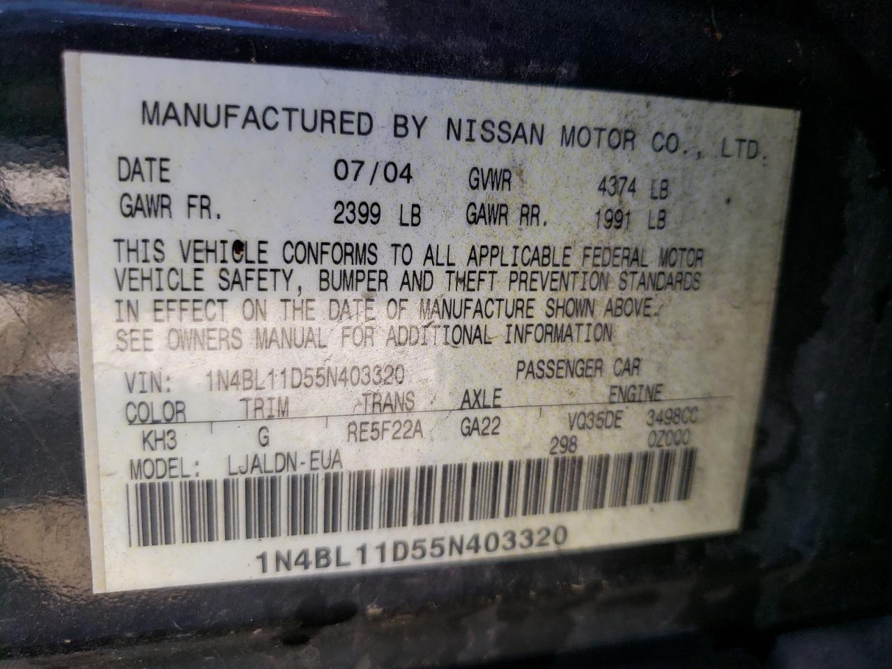 Photo 10 from auction – 2005 NISSAN ALTIMA SE with VIN 1N4BL11D55N403320