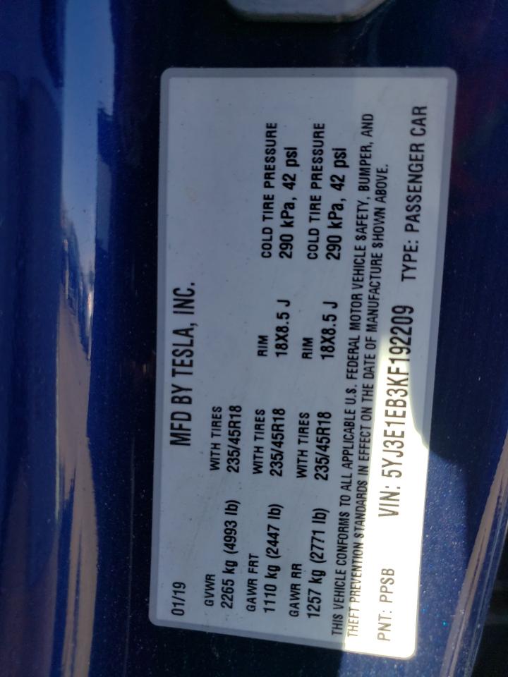 Photo 10 from auction – 2019 TESLA MODEL 3 with VIN 5YJ3E1EB3KF192209