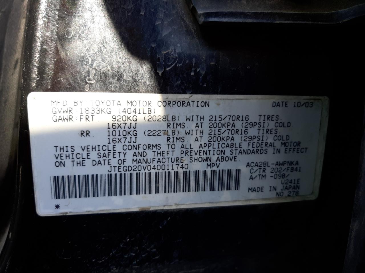 Photo 10 from auction – 2004 TOYOTA RAV4 with VIN JTEGD20V040011740