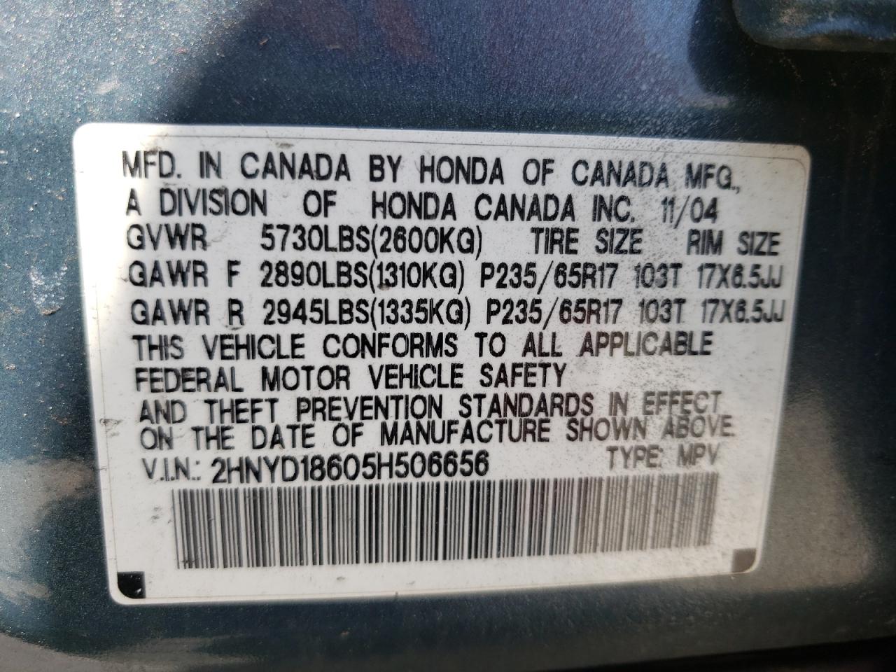 Photo 10 from auction – 2005 ACURA MDX with VIN 2HNYD18605H506656