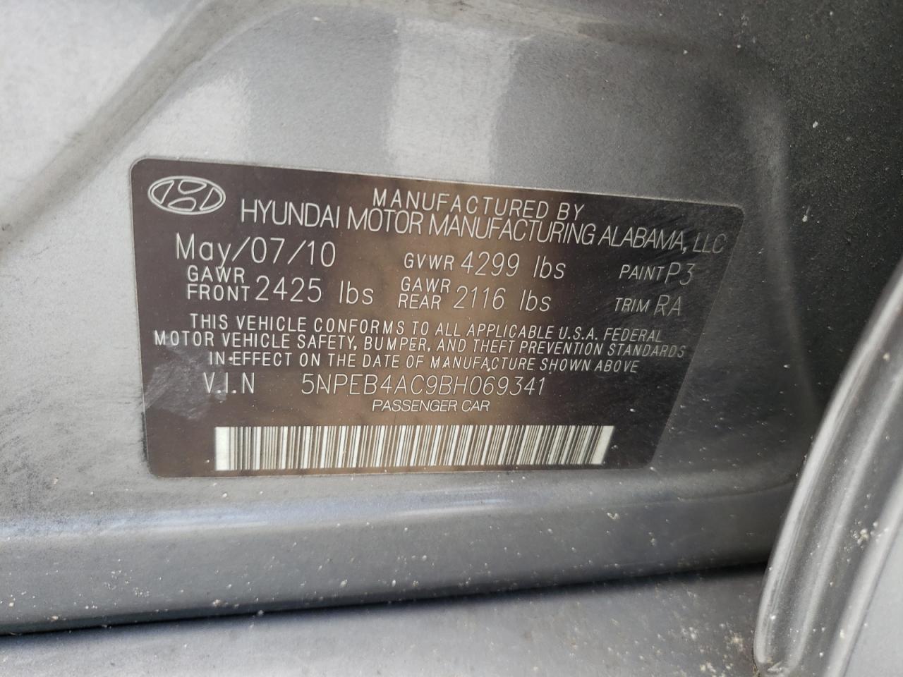 Photo 10 from auction – 2011 HYUNDAI SONATA GLS with VIN 5NPEB4AC9BH069341