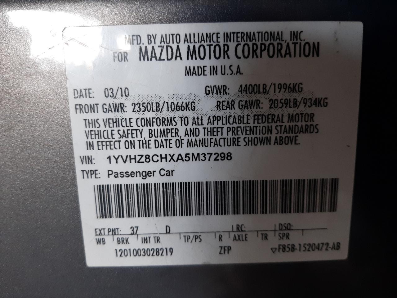 Photo 10 from auction – 2010 MAZDA 6 I with VIN 1YVHZ8CHXA5M37298