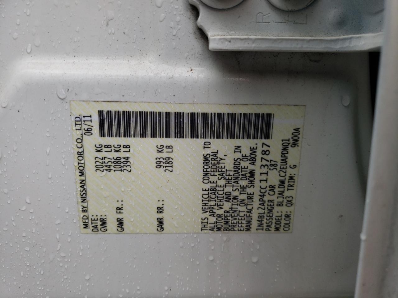Photo 10 from auction – 2012 NISSAN ALTIMA SR with VIN 1N4BL2AP4CC113787