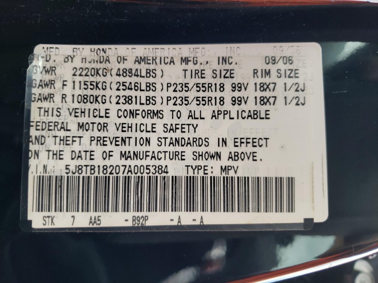 Photo 10 from auction – 2007 ACURA RDX with VIN 5J8TB18207A005384