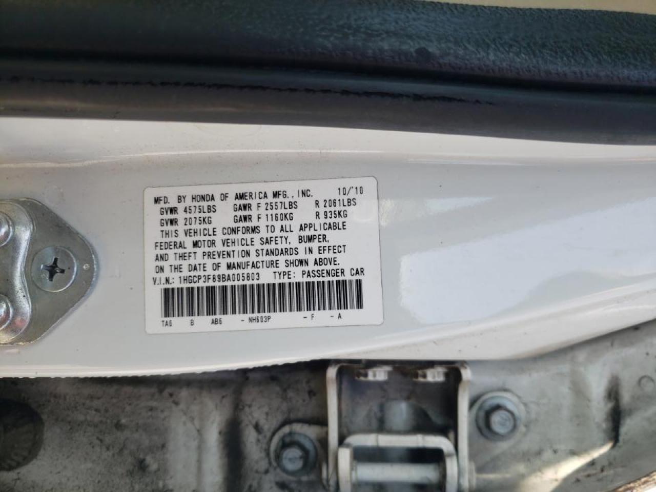 Photo 10 from auction – 2011 HONDA ACCORD EXL with VIN 1HGCP3F89BA005803