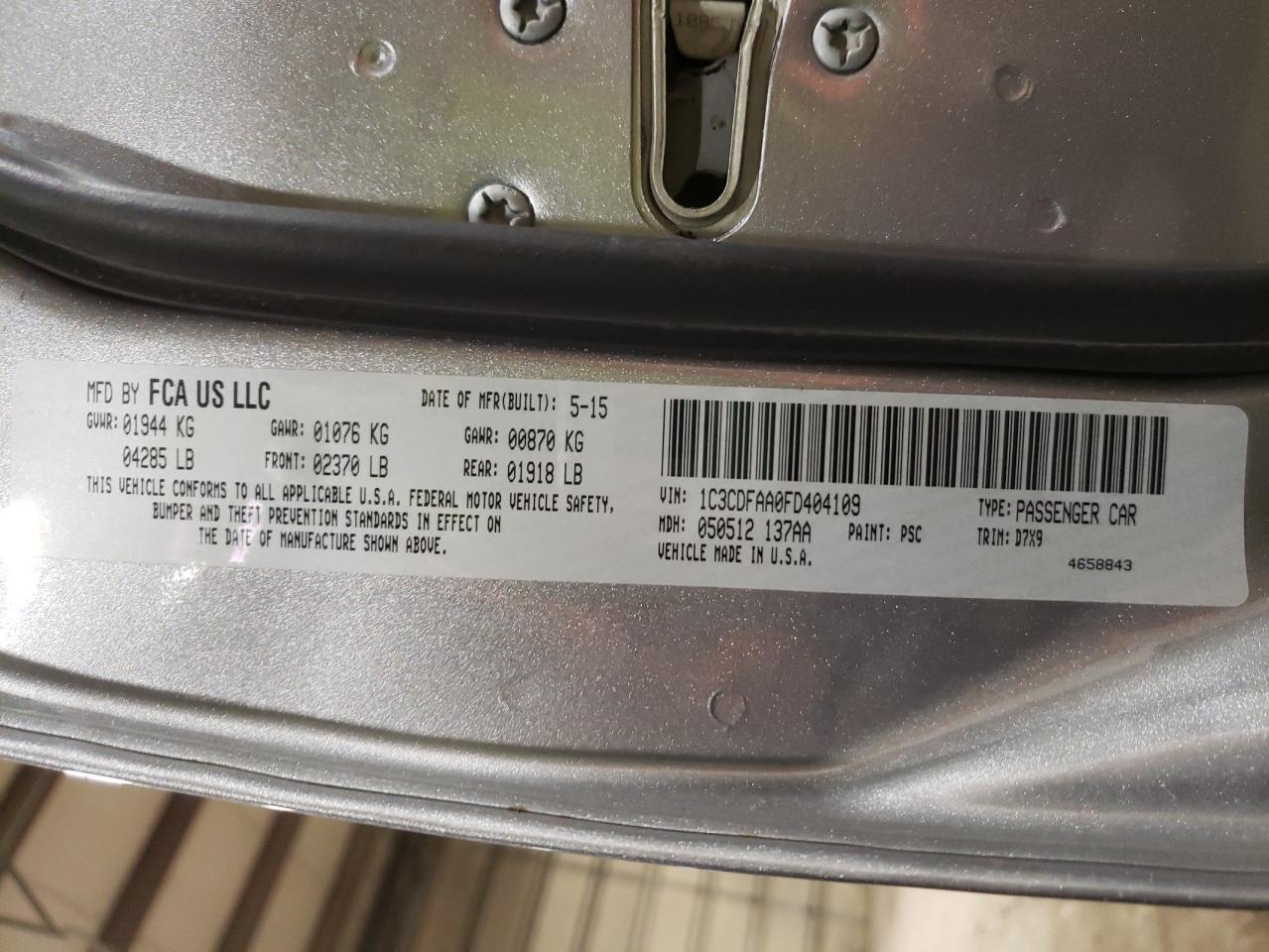 Photo 10 from auction – 2015 DODGE DART SE with VIN 1C3CDFAA0FD404109