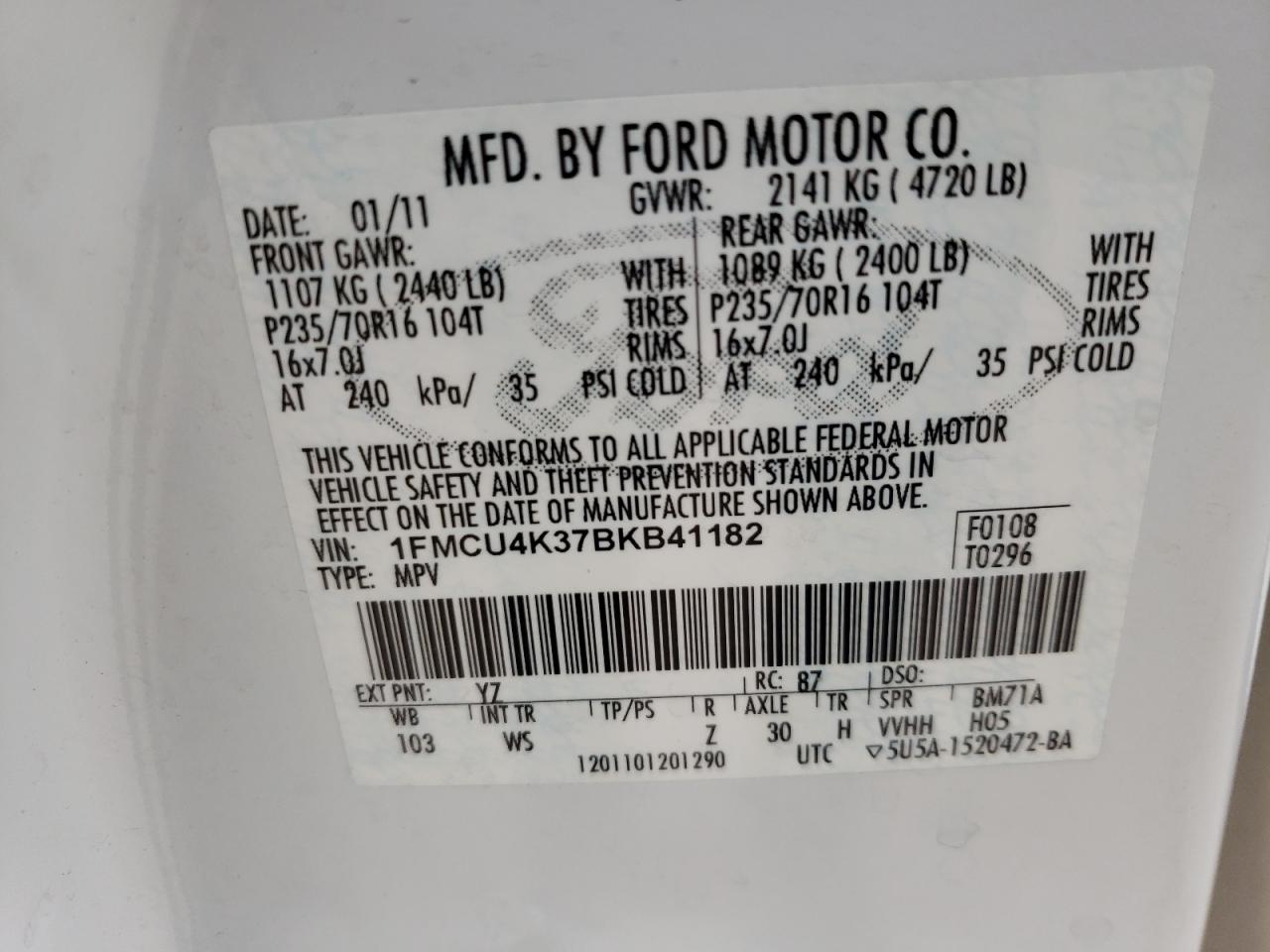 Photo 10 from auction – 2011 FORD ESCAPE HYB with VIN 1FMCU4K37BKB41182
