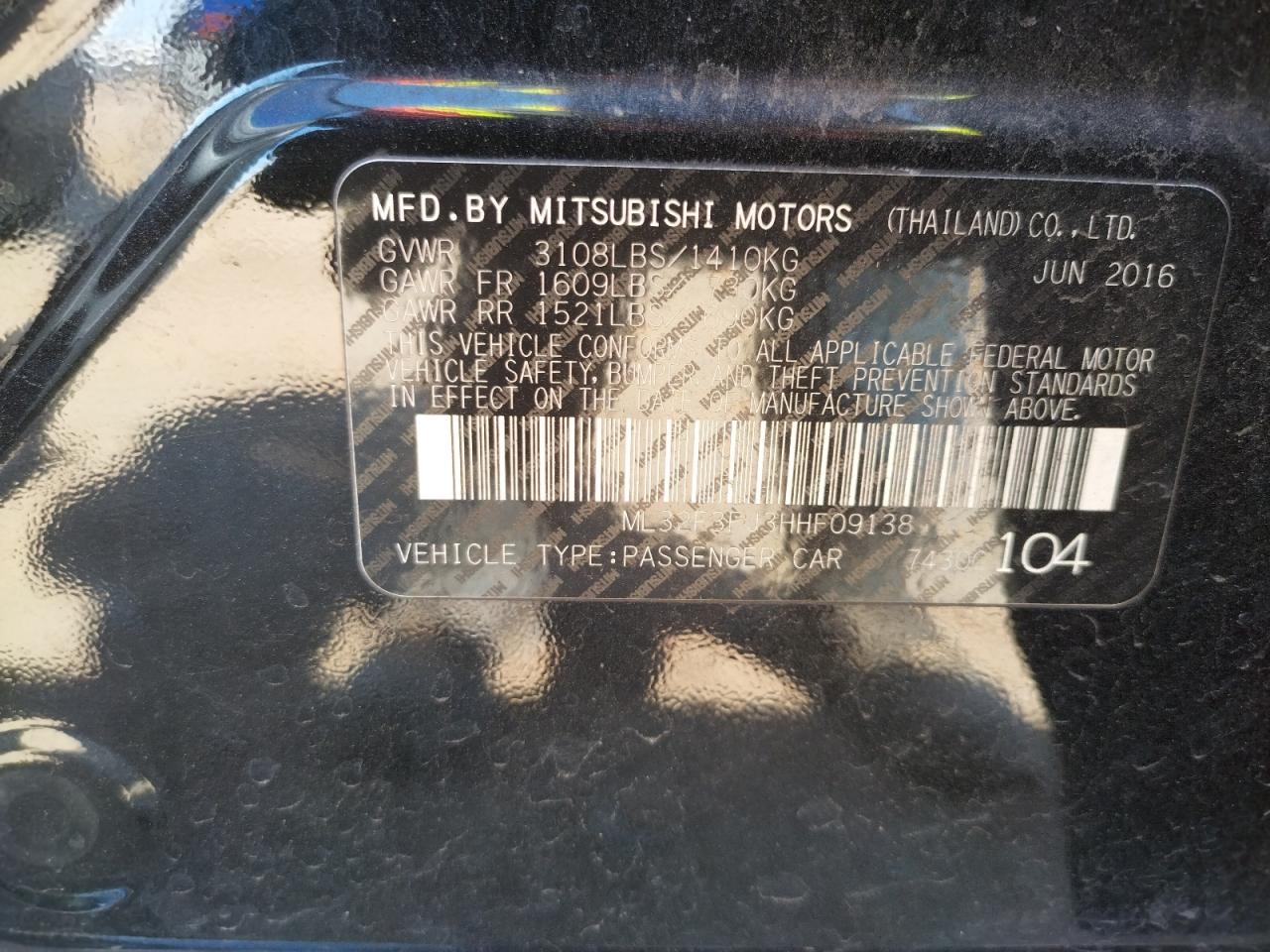 Photo 10 from auction – 2017 MITSUBISHI MIRAGE G4 with VIN ML32F3FJ3HHF09138