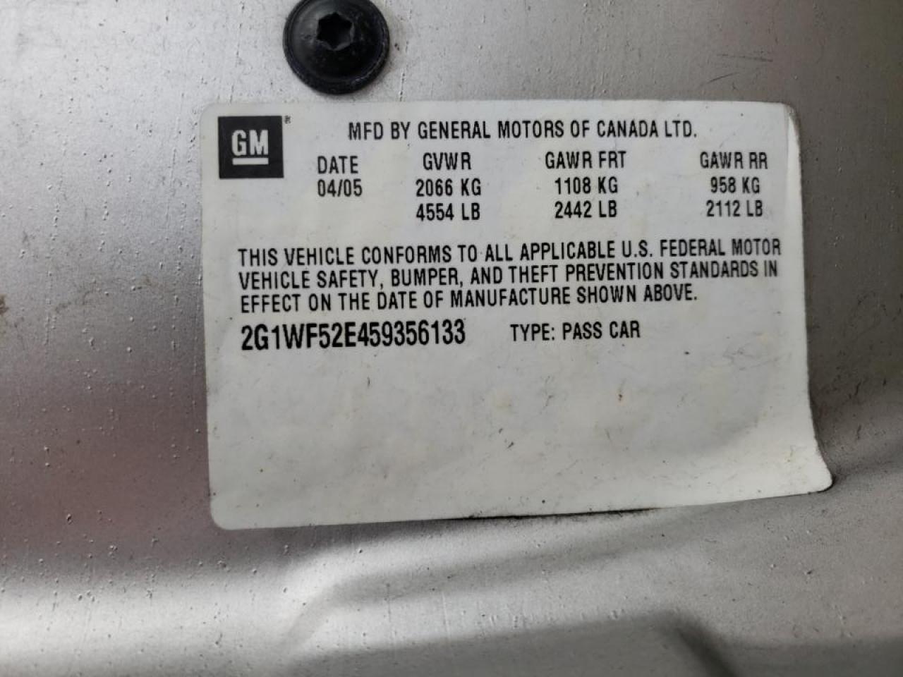 Photo 10 from auction – 2005 CHEVROLET IMPALA with VIN 2G1WF52E459356133