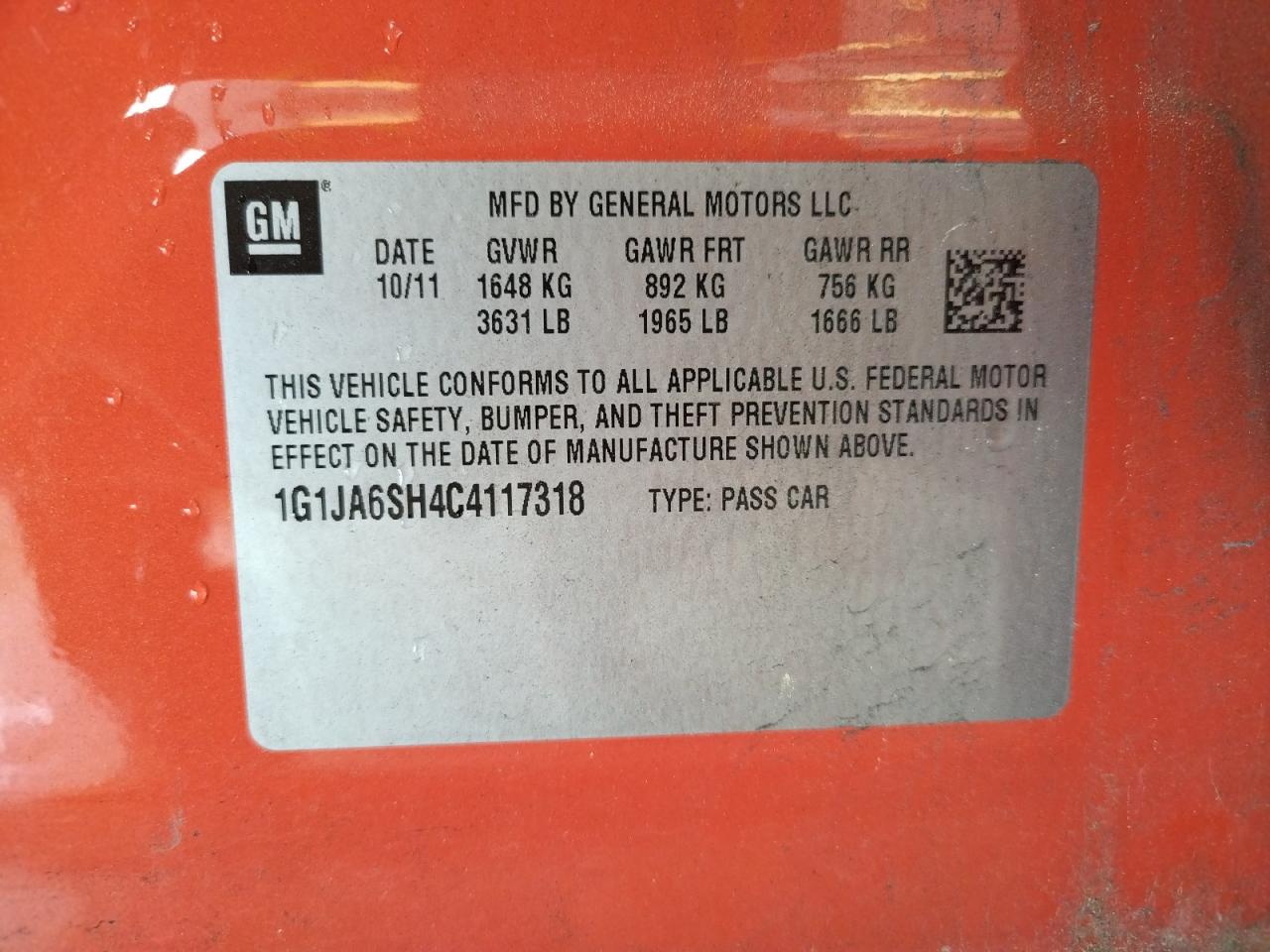 Photo 10 from auction – 2012 CHEVROLET SONIC LS with VIN 1G1JA6SH4C4117318
