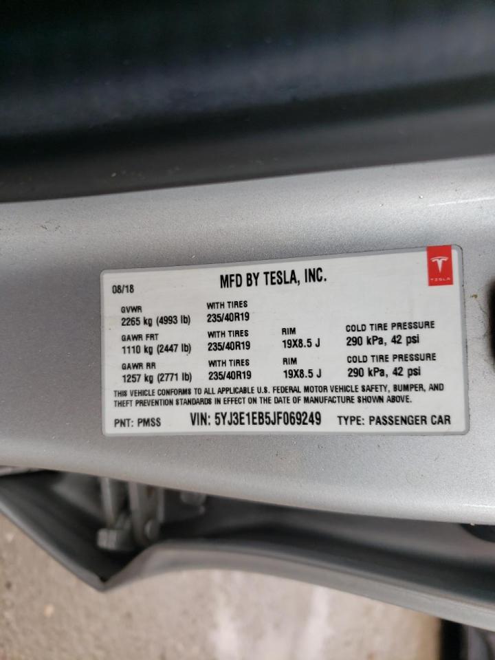 Photo 10 from auction – 2018 TESLA MODEL 3 with VIN 5YJ3E1EB5JF069249