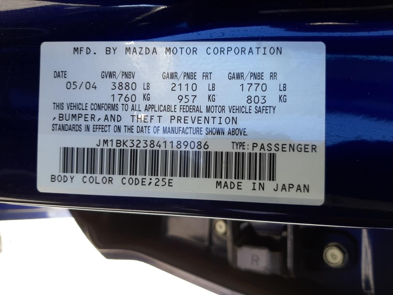 Photo 10 from auction – 2004 MAZDA 3 S with VIN JM1BK323841189086
