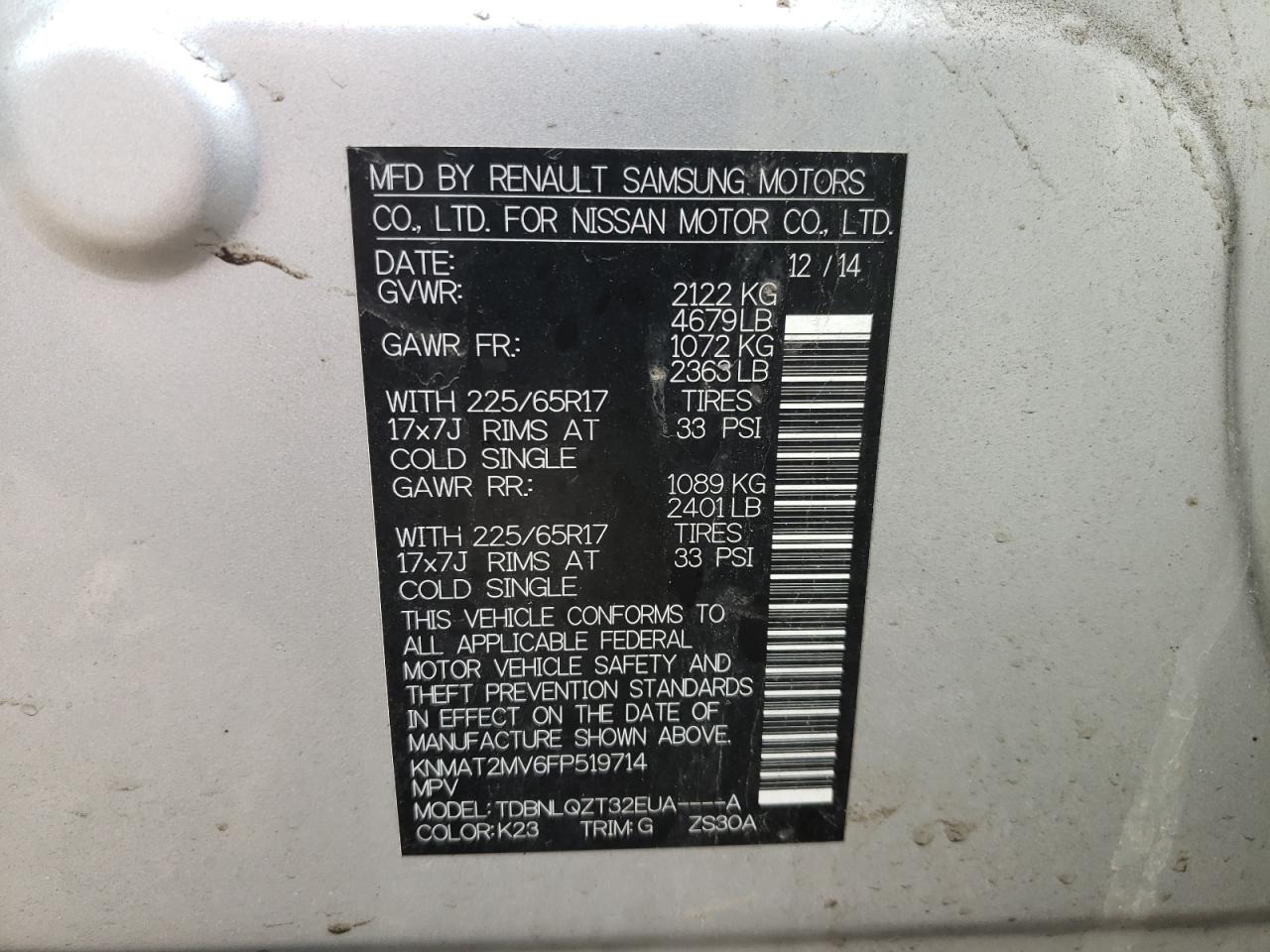Photo 10 from auction – 2015 NISSAN ROGUE S with VIN KNMAT2MV6FP519714