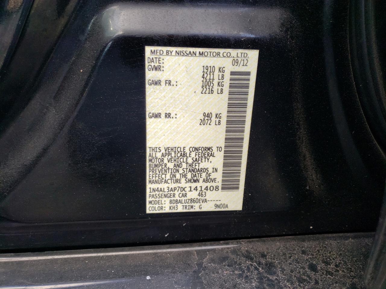 Photo 10 from auction – 2013 NISSAN ALTIMA 2.5 with VIN 1N4AL3AP7DC141408