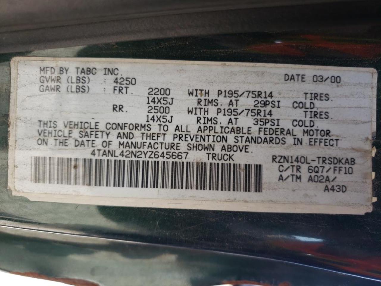 Photo 10 from auction – 2000 TOYOTA TACOMA with VIN 4TANL42N2YZ645667