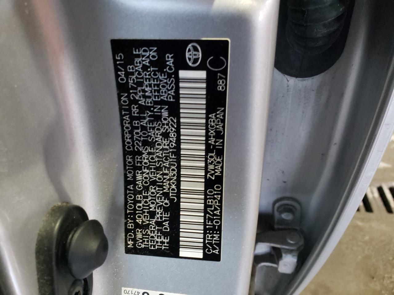 Photo 10 from auction – 2015 TOYOTA PRIUS with VIN JTDKN3DU1F1948922