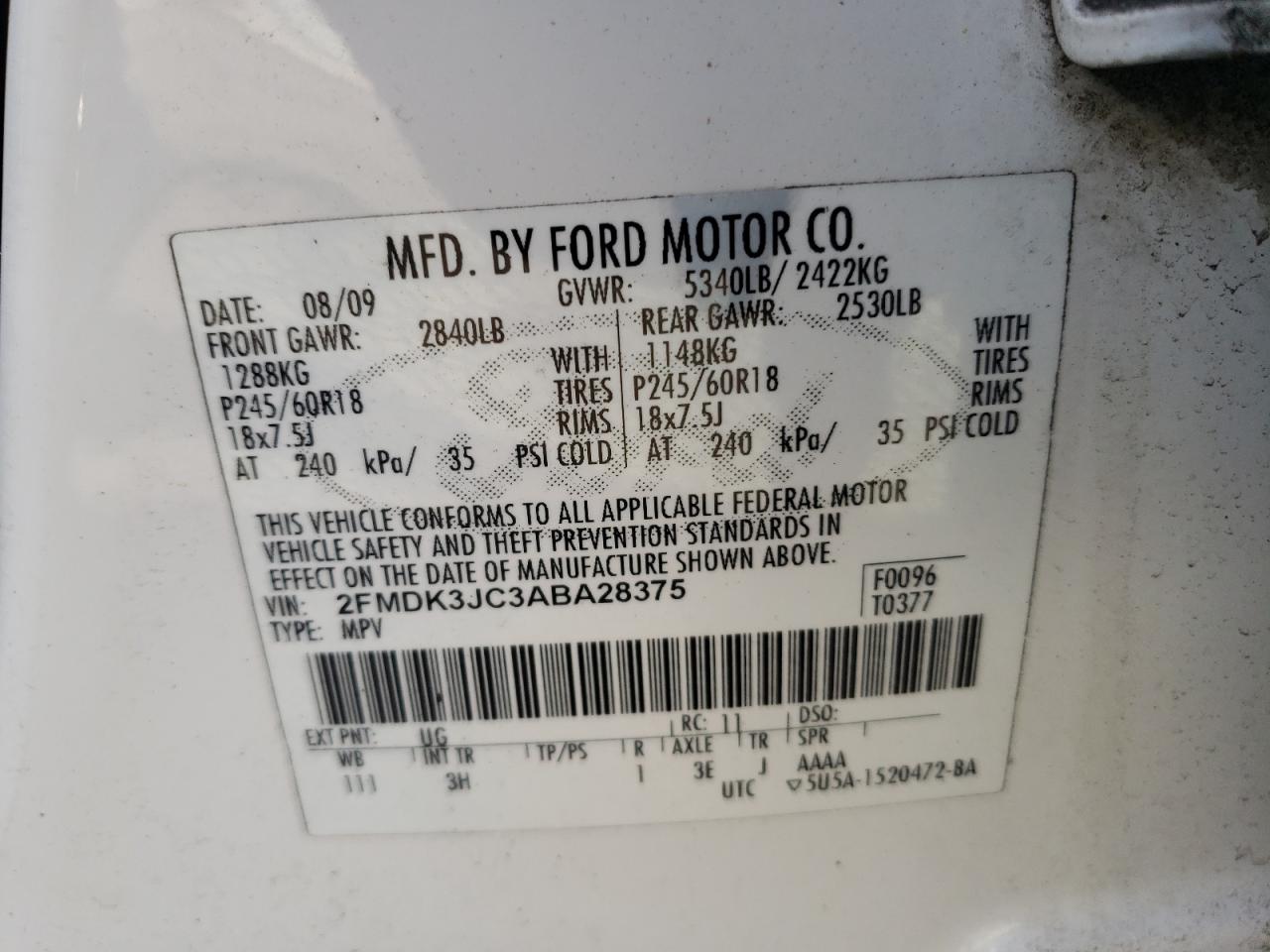 Photo 10 from auction – 2010 FORD EDGE SEL with VIN 2FMDK3JC3ABA28375