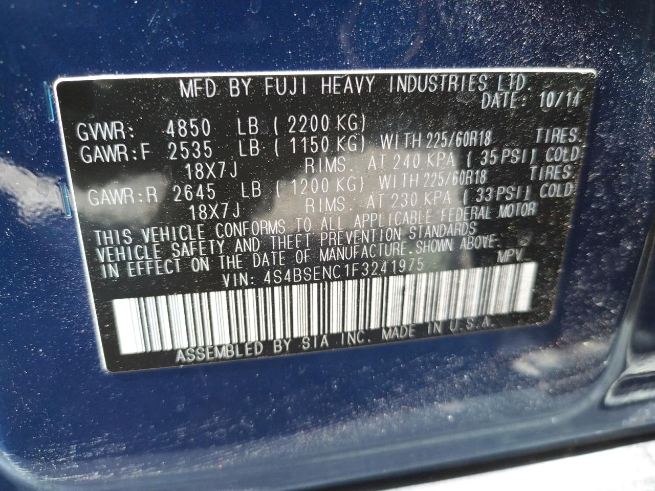 Photo 10 from auction – 2015 SUBARU OUTBACK 3. with VIN 4S4BSENC1F3241975