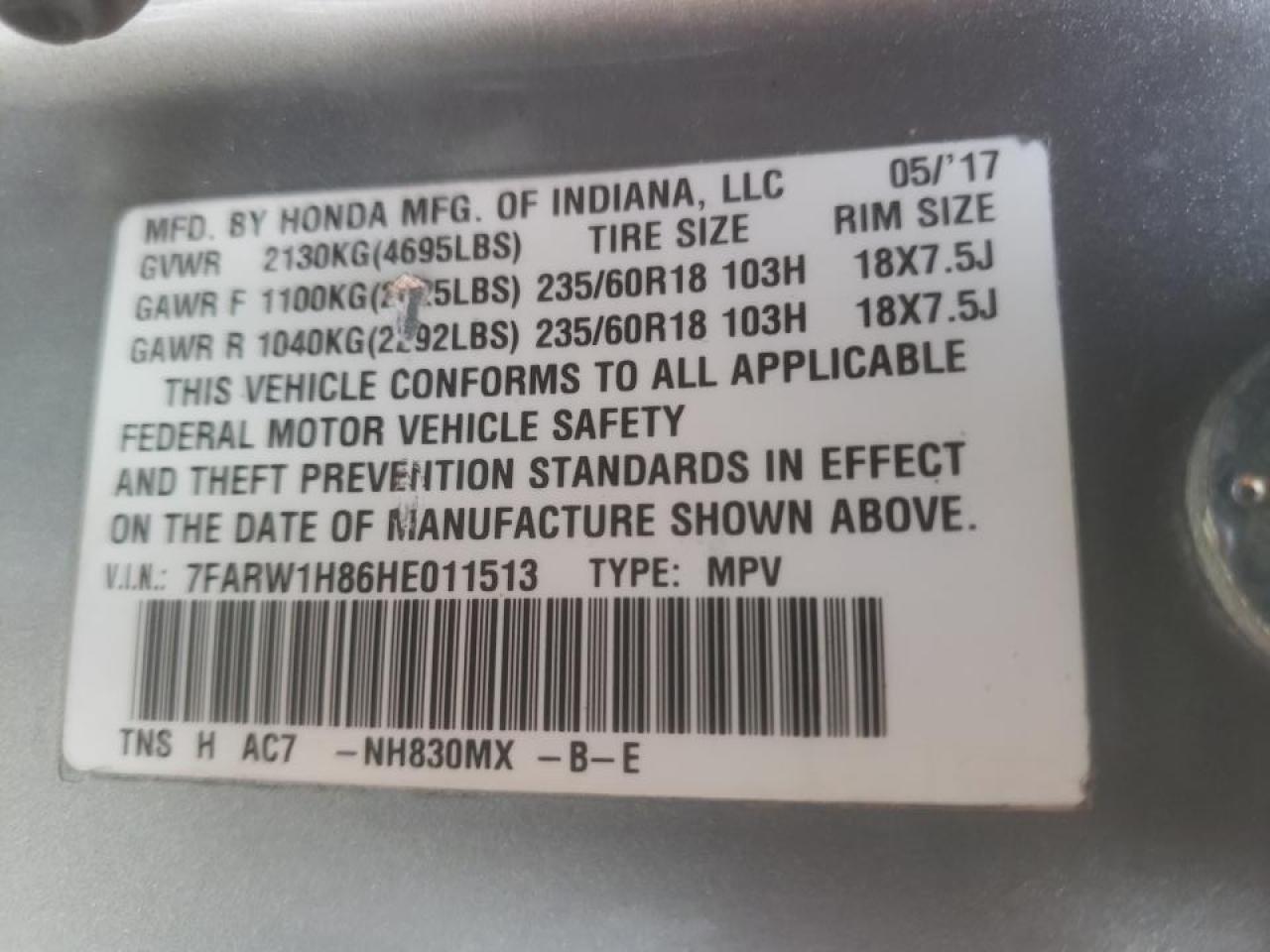 Photo 10 from auction – 2017 HONDA CR-V EXL with VIN 7FARW1H86HE011513