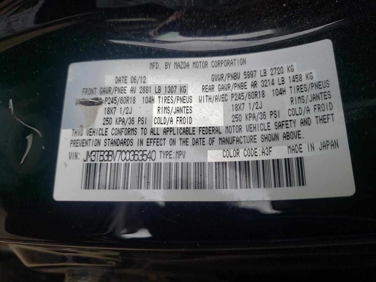 Photo 10 from auction – 2012 MAZDA CX-9 with VIN JM3TB3BV7C0363540