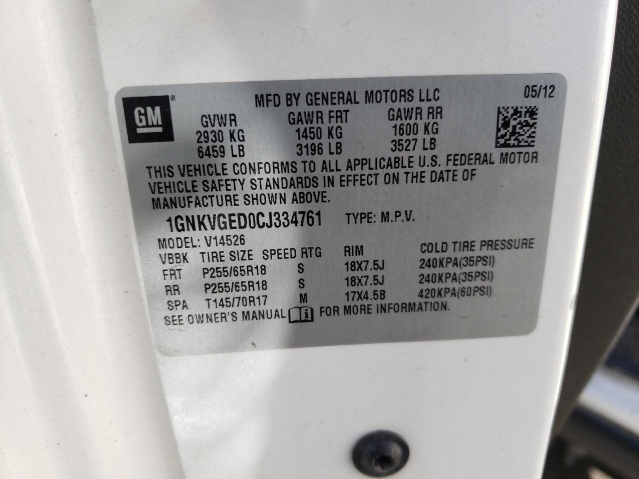 Photo 10 from auction – 2012 CHEVROLET TRAVERSE L with VIN 1GNKVGED0CJ334761