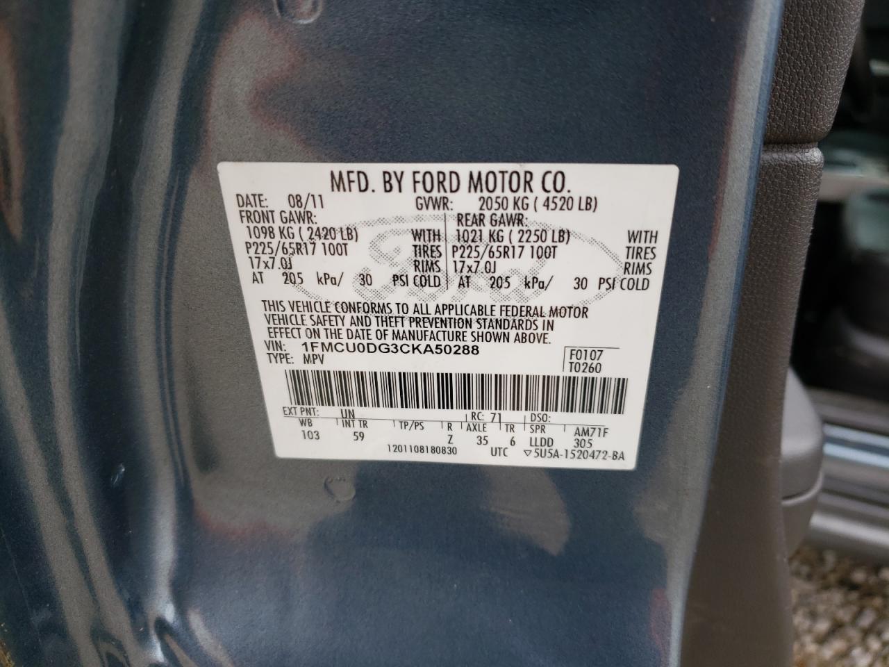 Photo 10 from auction – 2012 FORD ESCAPE XLT with VIN 1FMCU0DG3CKA50288