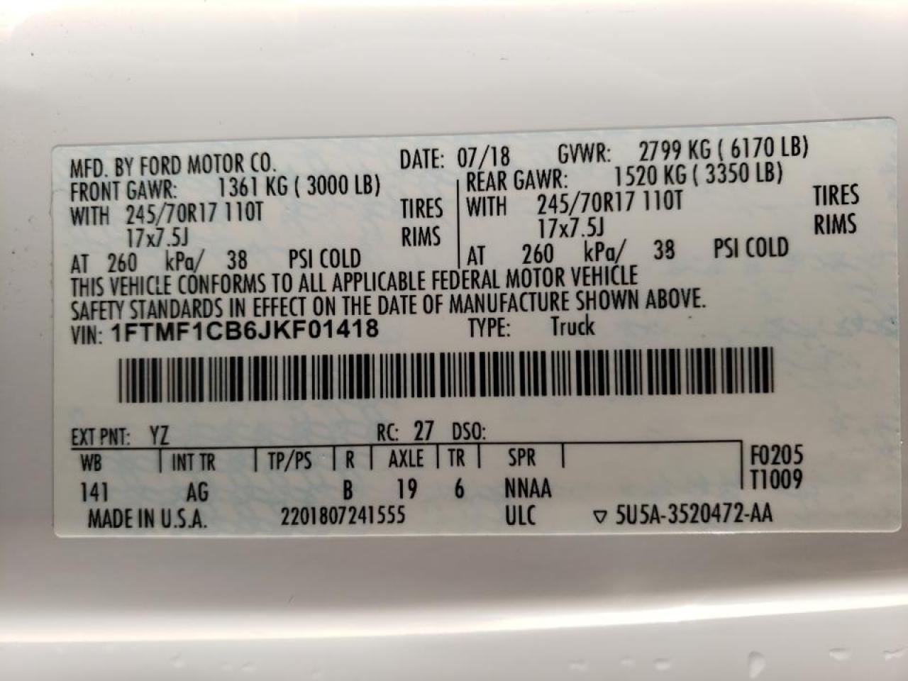 Photo 10 from auction – 2018 FORD F150 with VIN 1FTMF1CB6JKF01418