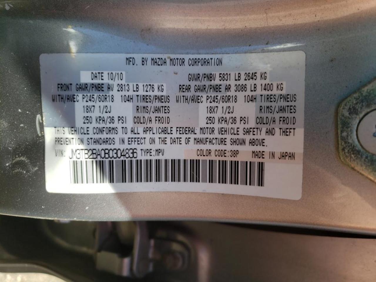Photo 10 from auction – 2011 MAZDA CX-9 with VIN JM3TB2BA0B0304836
