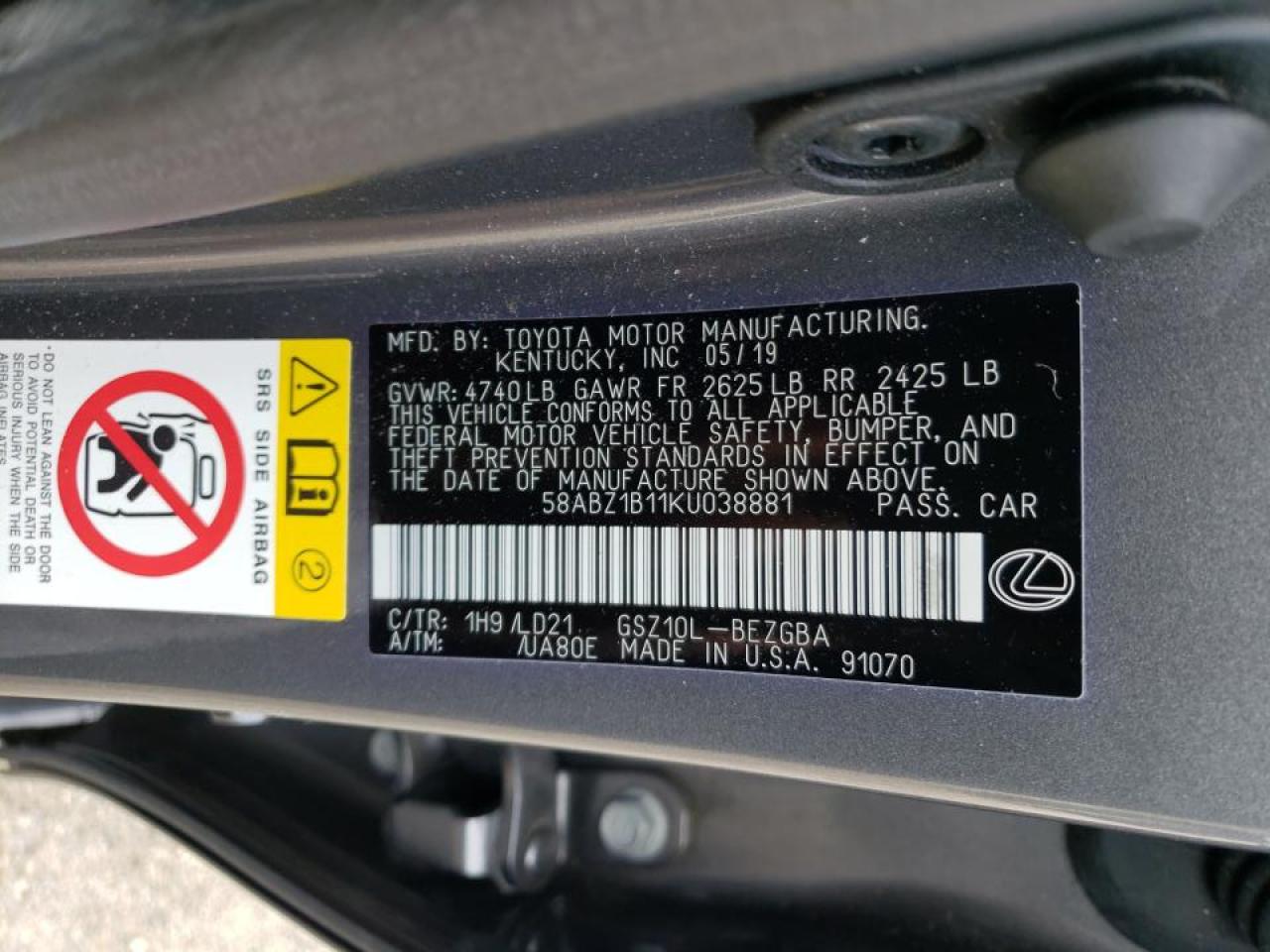 Photo 10 from auction – 2019 LEXUS ES 350 with VIN 58ABZ1B11KU038881