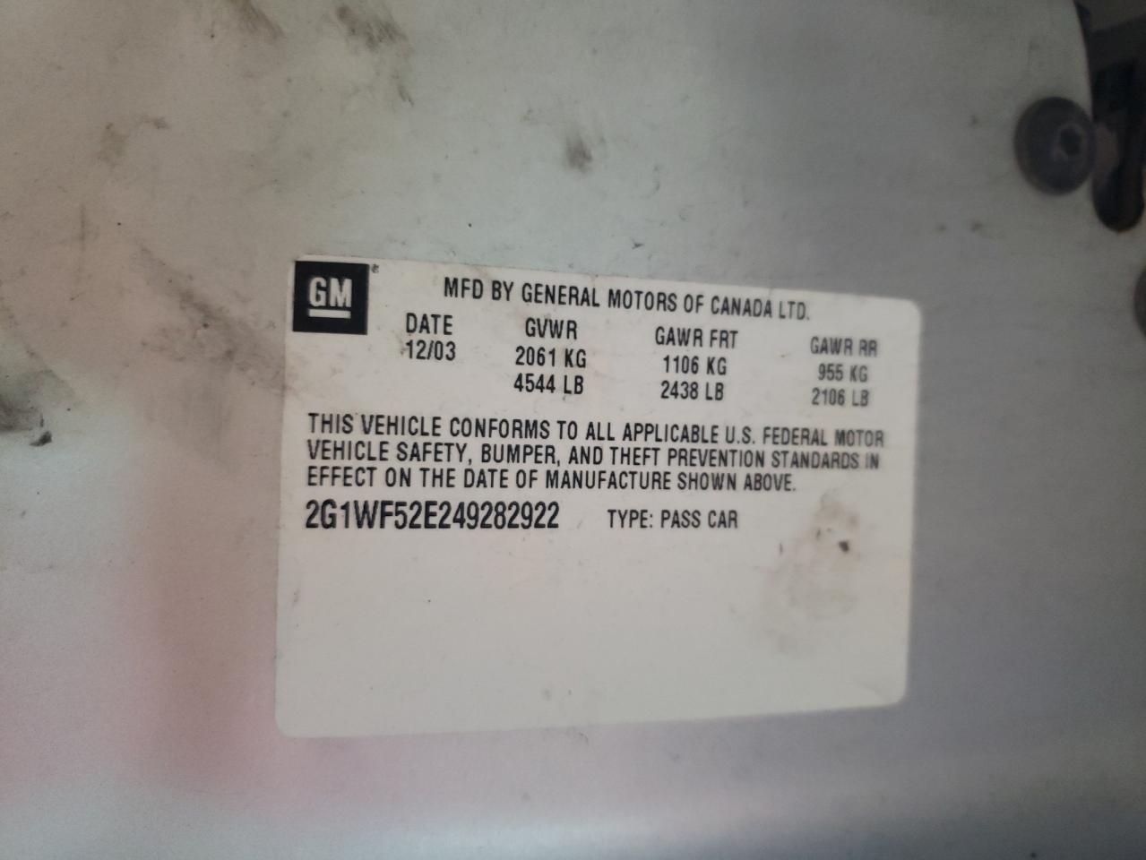 Photo 10 from auction – 2004 CHEVROLET IMPALA with VIN 2G1WF52E249282922