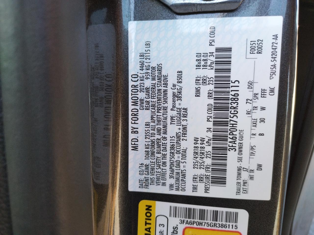 Photo 10 from auction – 2016 FORD FUSION SE with VIN 3FA6P0H75GR386115